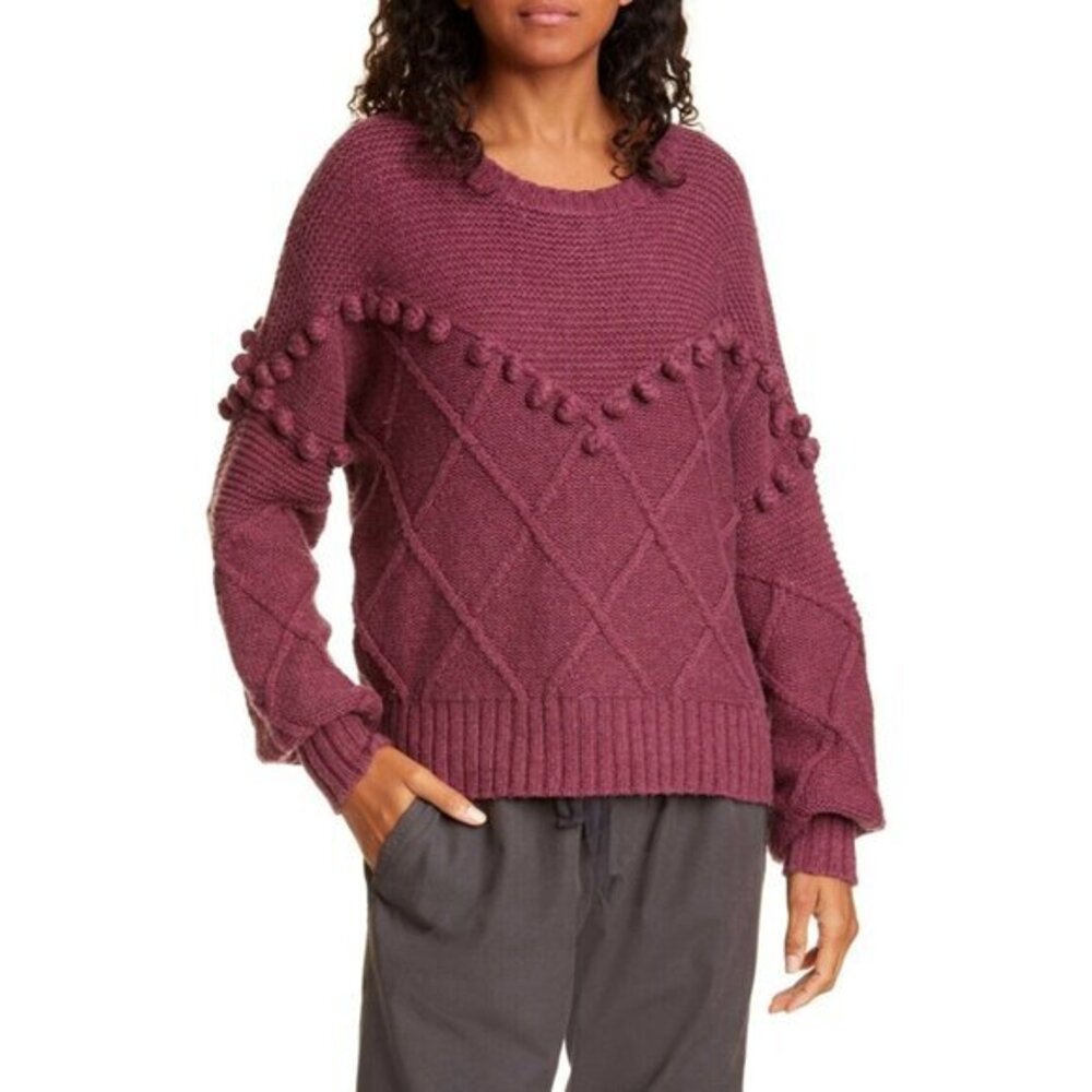 NSF Kaaya Textured Pullover Pom Pom Mixed Knit Sweater Purple SZ L NWT $398
